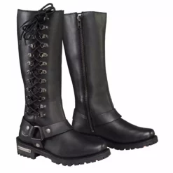 Milwaukee Leather MBL9365 Ladies Black 14-Inch Classic Harness Square Toe Leather Tall Boots With Lacing Detail