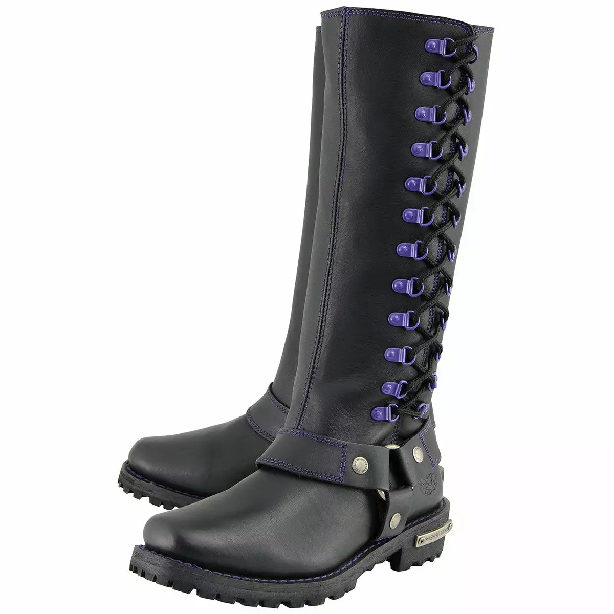 Milwaukee Leather MBL9366 Women's Black 14-inch Leather Harness Boots With Purple Accent Lacing - Image 7
