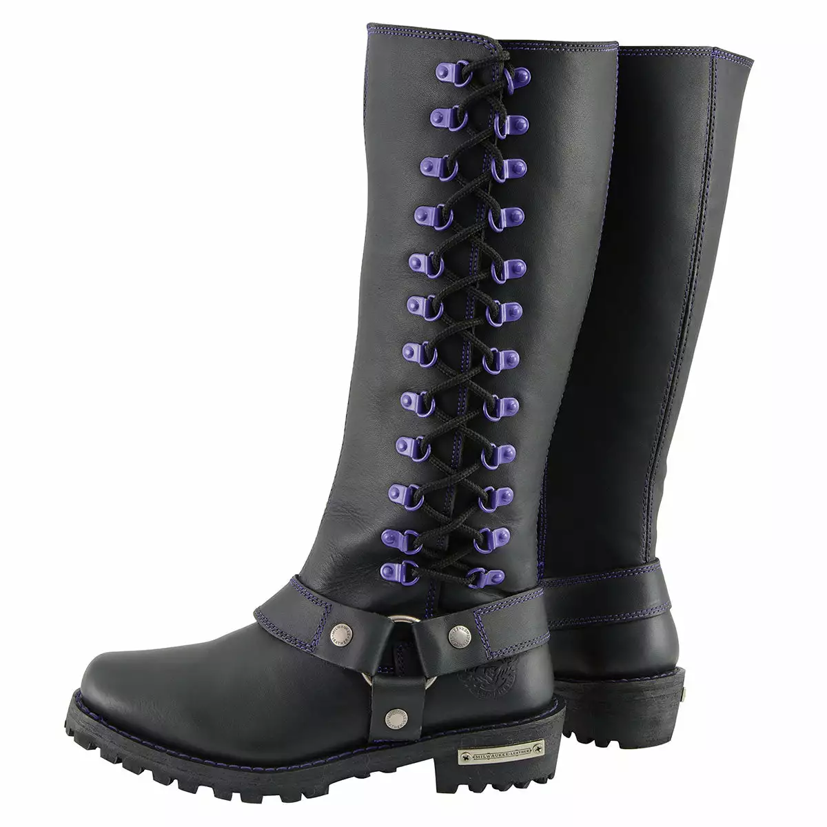Milwaukee Leather MBL9366 Women's Black 14-inch Leather Harness Boots With Purple Accent Lacing - Image 8