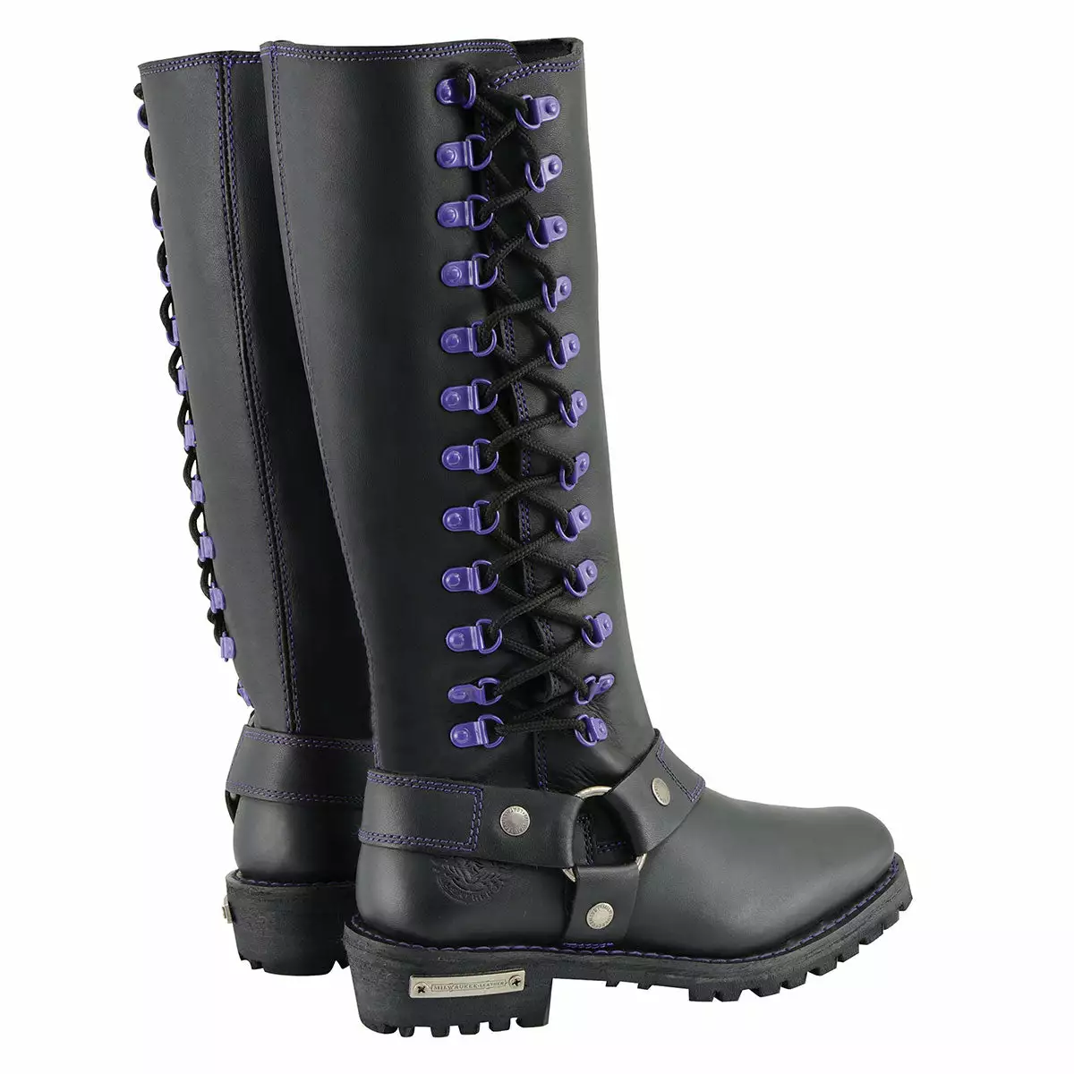 Milwaukee Leather MBL9366 Women's Black 14-inch Leather Harness Boots With Purple Accent Lacing - Image 10