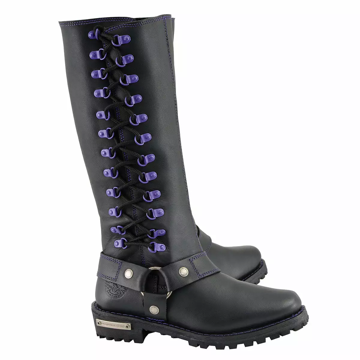Milwaukee Leather MBL9366 Women's Black 14-inch Leather Harness Boots With Purple Accent Lacing - Image 11