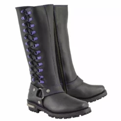 Milwaukee Leather MBL9366 Women's Black 14-inch Leather Harness Boots With Purple Accent Lacing