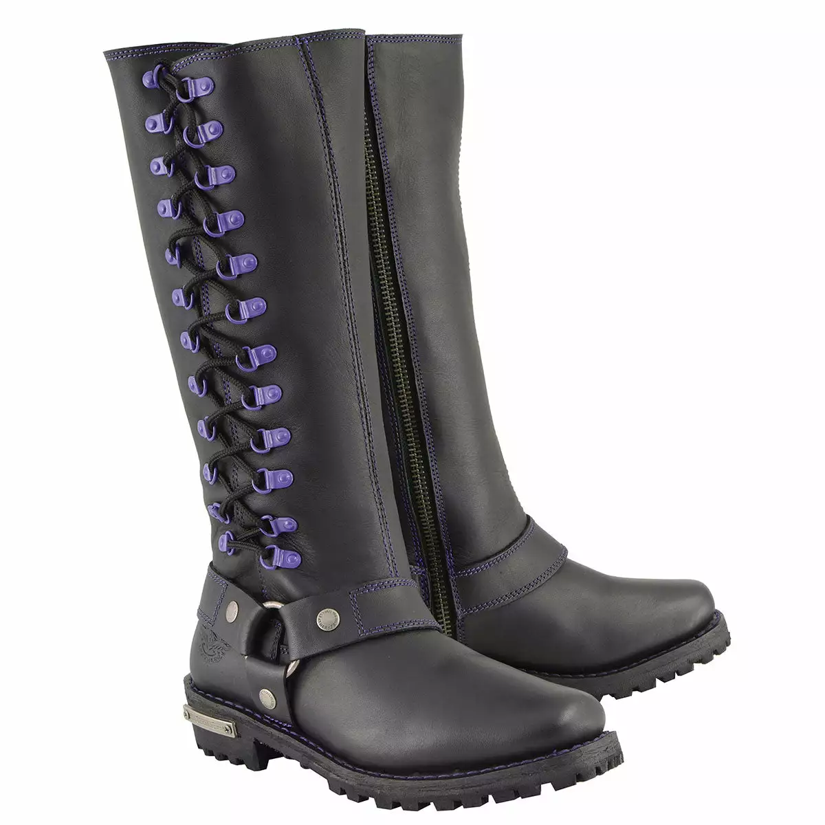 Milwaukee Leather MBL9366 Women's Black 14-inch Leather Harness Boots With Purple Accent Lacing