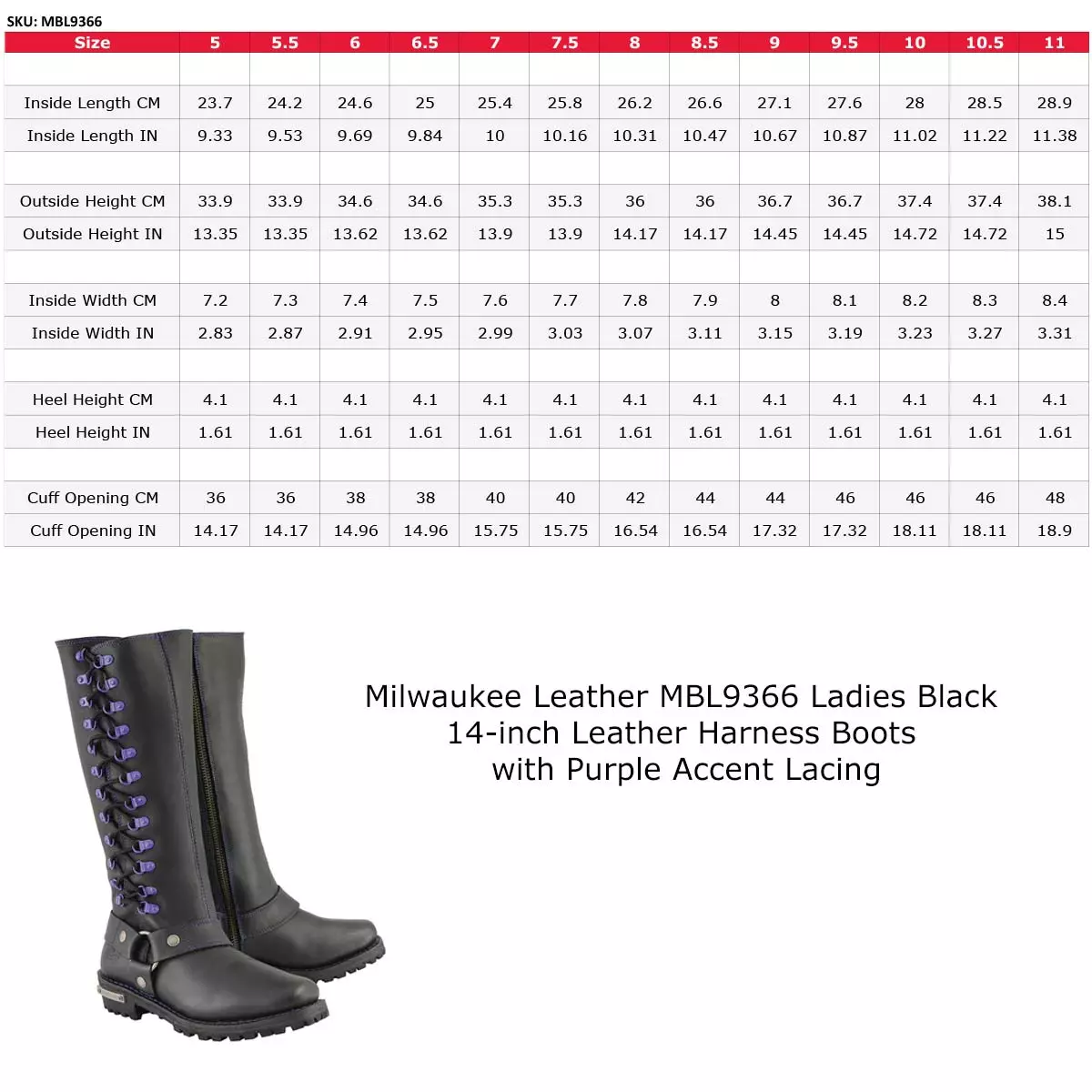 Milwaukee Leather MBL9366 Women's Black 14-inch Leather Harness Boots With Purple Accent Lacing - Image 3
