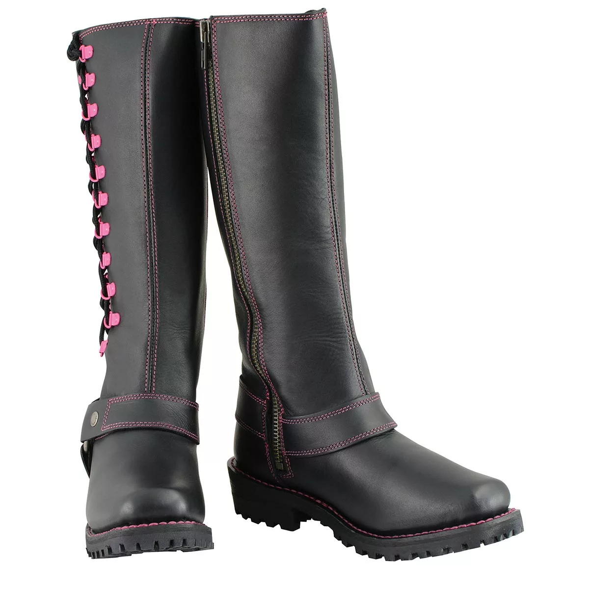Milwaukee Leather MBL9367 Women's Black 14-inch Leather Harness Boots With Fuchsia Accent Lacing - Image 5