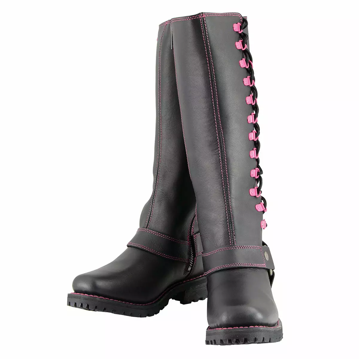Milwaukee Leather MBL9367 Women's Black 14-inch Leather Harness Boots With Fuchsia Accent Lacing - Image 6