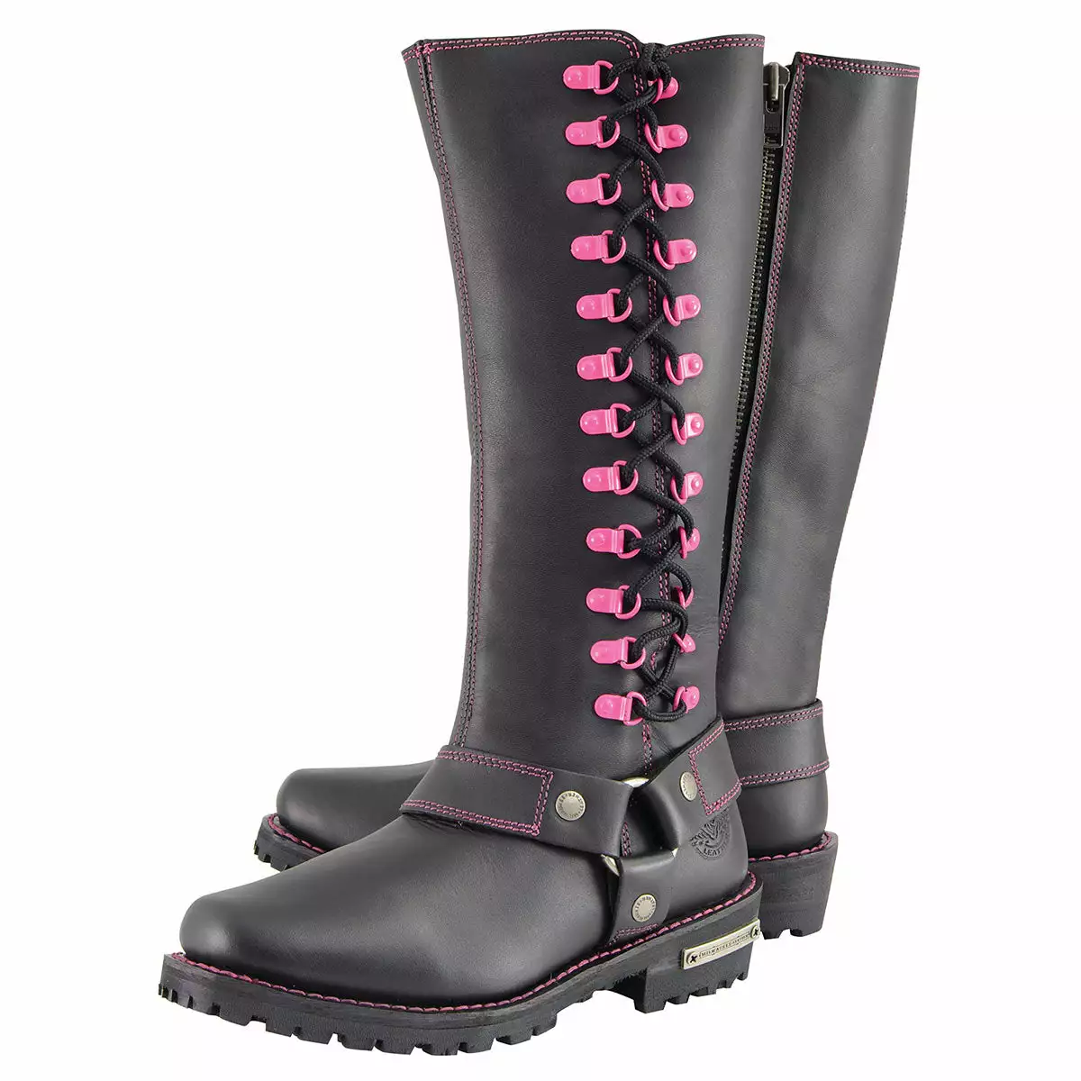 Milwaukee Leather MBL9367 Women's Black 14-inch Leather Harness Boots With Fuchsia Accent Lacing - Image 7