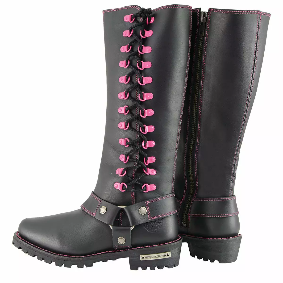 Milwaukee Leather MBL9367 Women's Black 14-inch Leather Harness Boots With Fuchsia Accent Lacing - Image 8