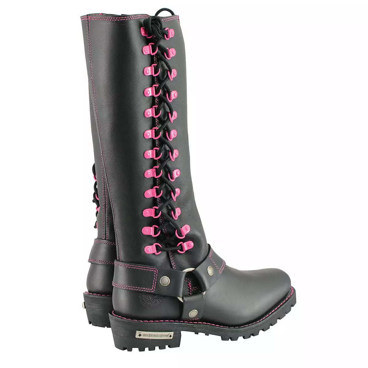 Milwaukee Leather MBL9367 Women's Black 14-inch Leather Harness Boots With Fuchsia Accent Lacing - Image 10