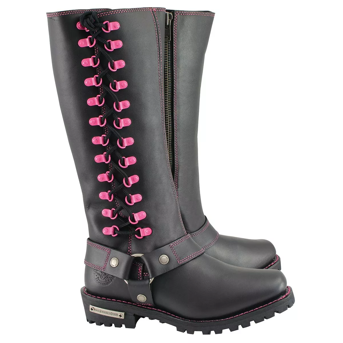 Milwaukee Leather MBL9367 Women's Black 14-inch Leather Harness Boots With Fuchsia Accent Lacing - Image 11