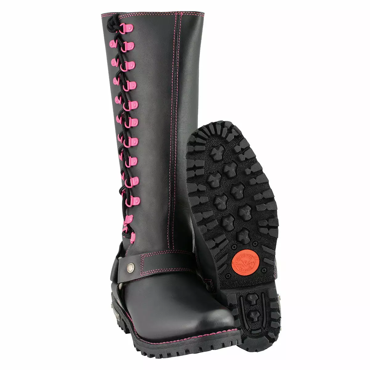Milwaukee Leather MBL9367 Women's Black 14-inch Leather Harness Boots With Fuchsia Accent Lacing - Image 2