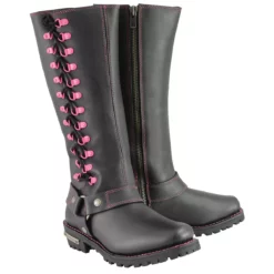 Milwaukee Leather MBL9367 Women's Black 14-inch Leather Harness Boots With Fuchsia Accent Lacing