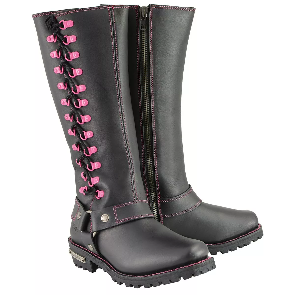 Milwaukee Leather MBL9367 Women's Black 14-inch Leather Harness Boots With Fuchsia Accent Lacing