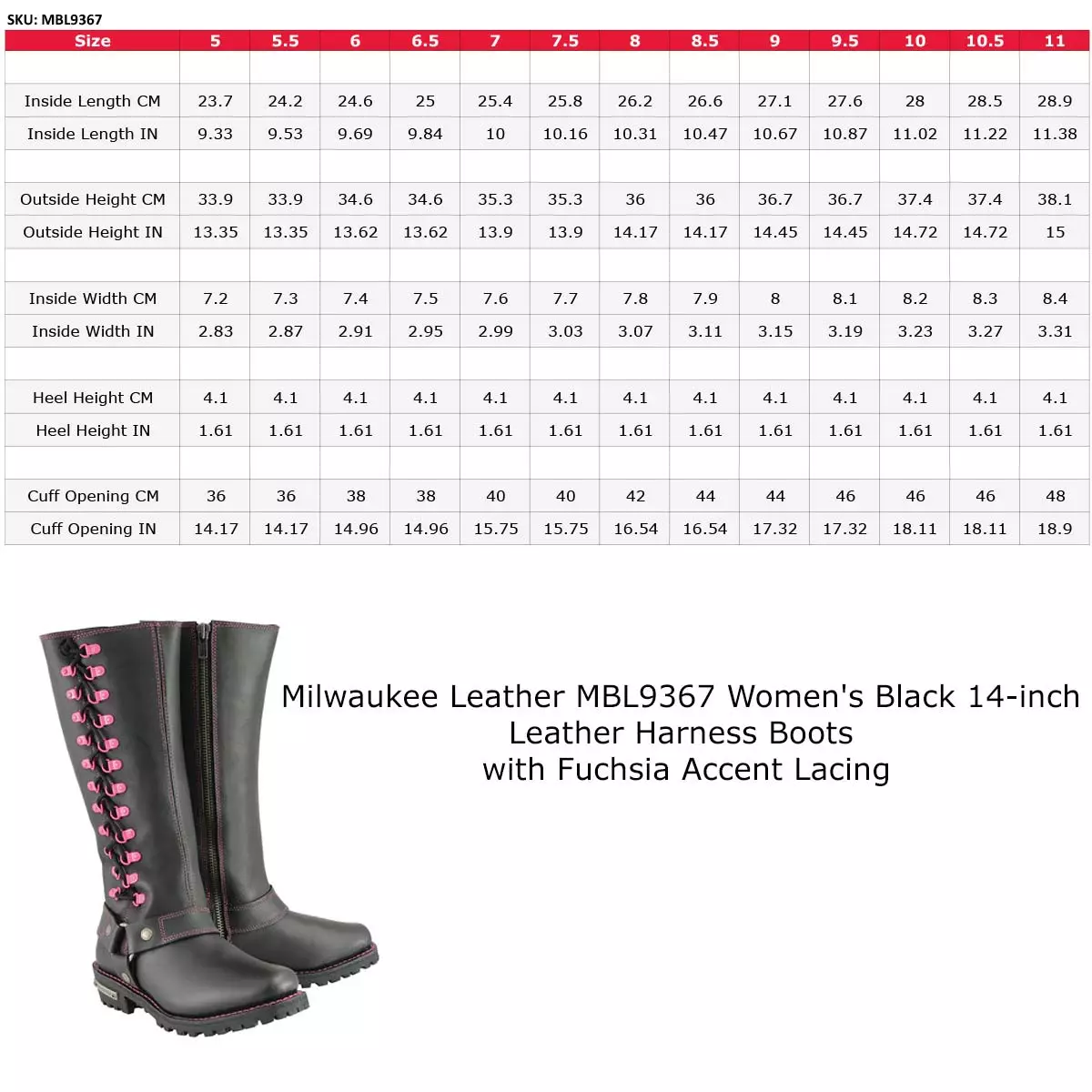 Milwaukee Leather MBL9367 Women's Black 14-inch Leather Harness Boots With Fuchsia Accent Lacing - Image 3