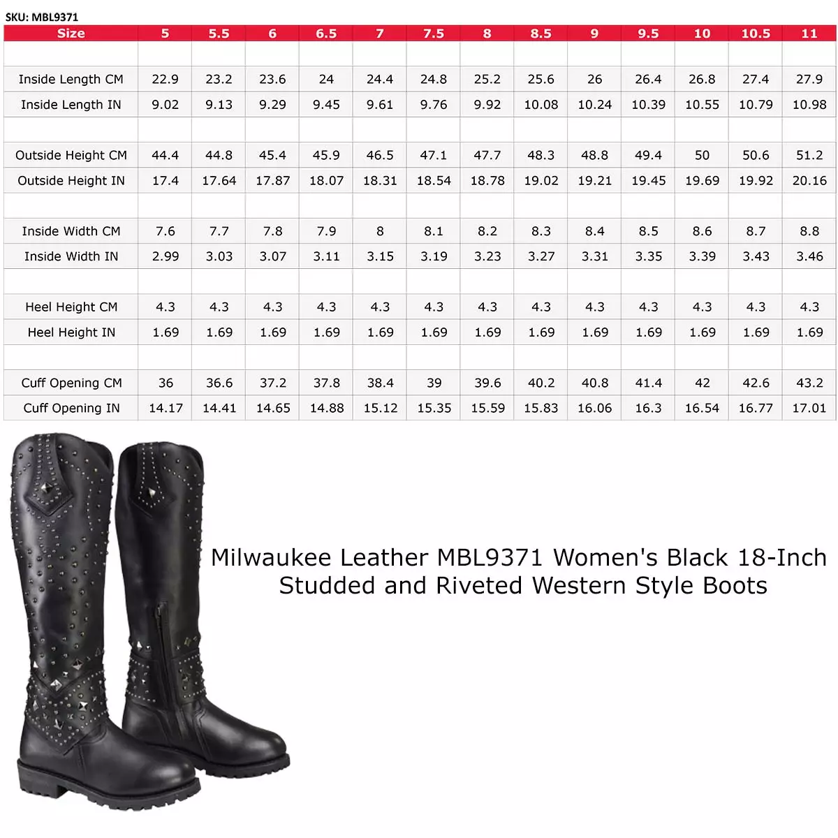 Milwaukee Leather MBL9371 Women's Black 18 Inch Studded And Riveted Western Style Boots - Image 3