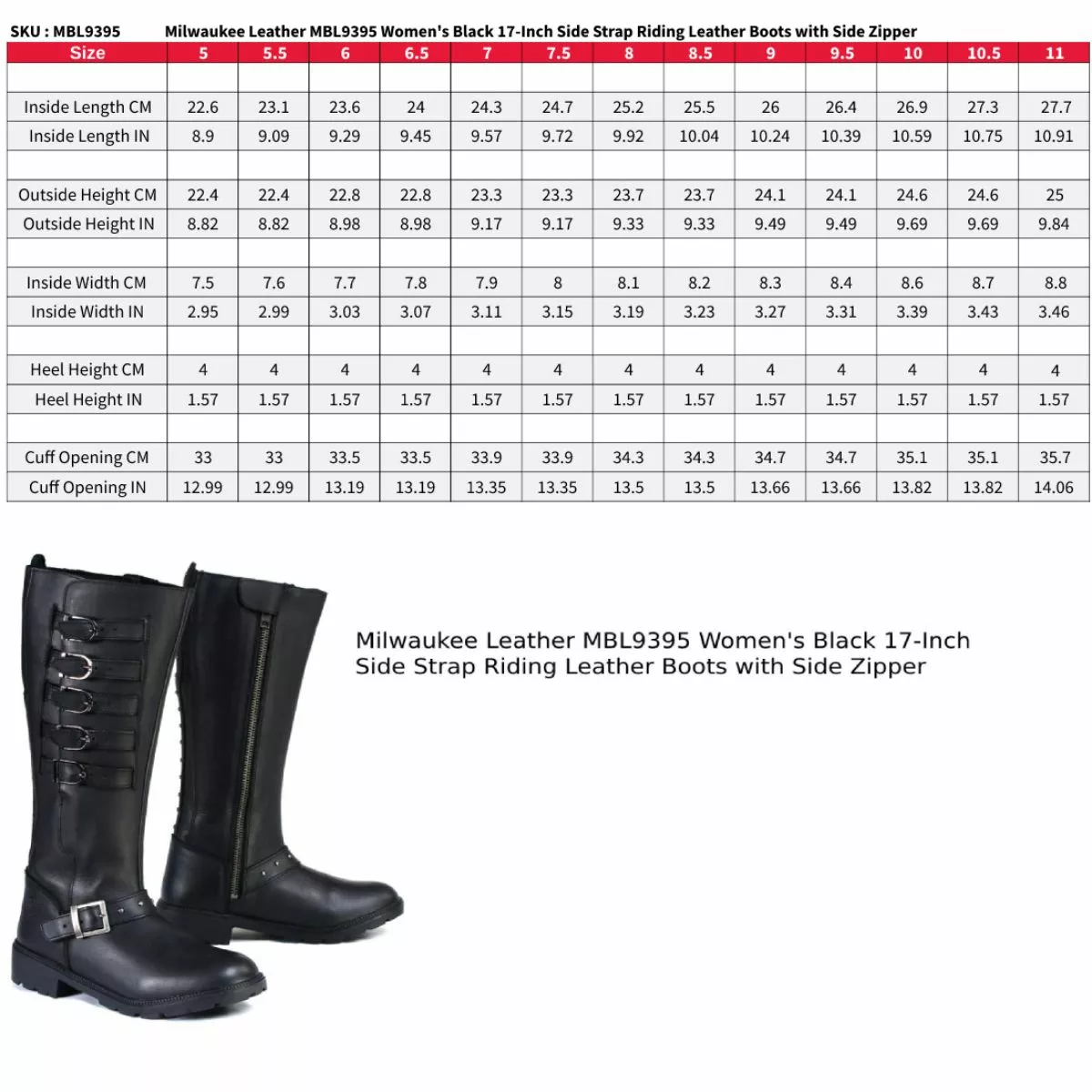 Milwaukee Leather MBL9395 Women's Black 17-Inch Side Strap Riding Leather Boots With Side Zipper - Image 3