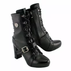 Milwaukee Leather MBL9431 Women's Black Lace-Up Boots With Block Heel And Buckle Strap