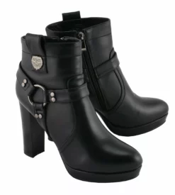 Milwaukee Leather MBL9432 Women's Black Harness Ankle Boots With Block Heel