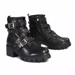 Milwaukee Performance Leather MBL9444 Women's ‘Bruiser’ Black Leather Lace To Toe Boots With Studded Straps