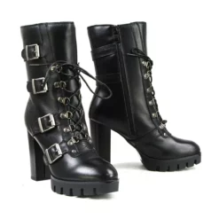 Milwaukee Leather MBL9459 Women's Black Leather Buckles Platform Boots With Lace-Up Closure