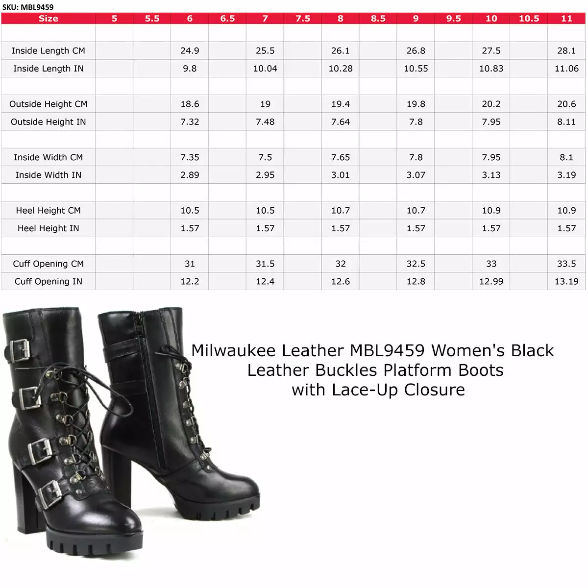 Milwaukee Leather MBL9459 Women's Black Leather Buckles Platform Boots With Lace-Up Closure - Image 3