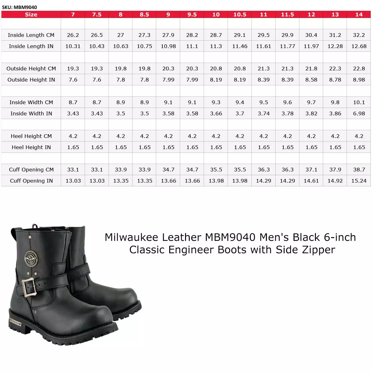 Milwaukee Leather MBM9040W Men's Black 'Wide Width' 6-inch Classic Engineer Motorcycle Leather Boots With Side Zipper - Image 3