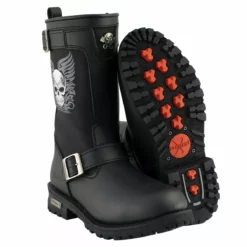 Xelement X19405 Men's Black Tribal Skull Leather Motorcycle Boots With Poron Cushion Insoles